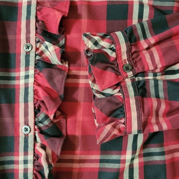 Chaps Women's Red Black Plaid Button-Down Ruffle Long Sleeve Shirt - Picture 11 of 16